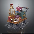Colorful Assorted Vintage Luggage Stacked With Decorative Birdcage On Stone Path Trolley