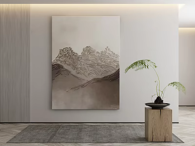 Minimalist Abstract Painting With Mountain Lines Neutral Tones On Wall And Green Fern Plant 3d model