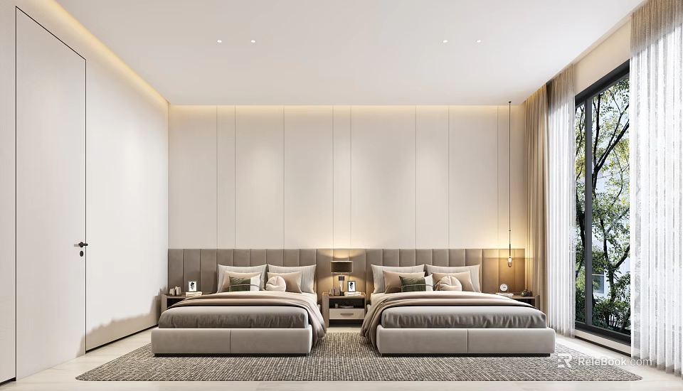 Contemporary Bedroom Interior With Twin Beds Gray Headboard Nightstands Table Lamps And Large Window Curtains 3d model 
