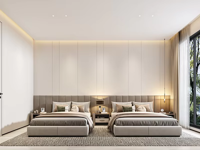 Contemporary Bedroom Interior With Twin Beds Gray Headboard Nightstands Table Lamps And Large Window Curtains 3d model