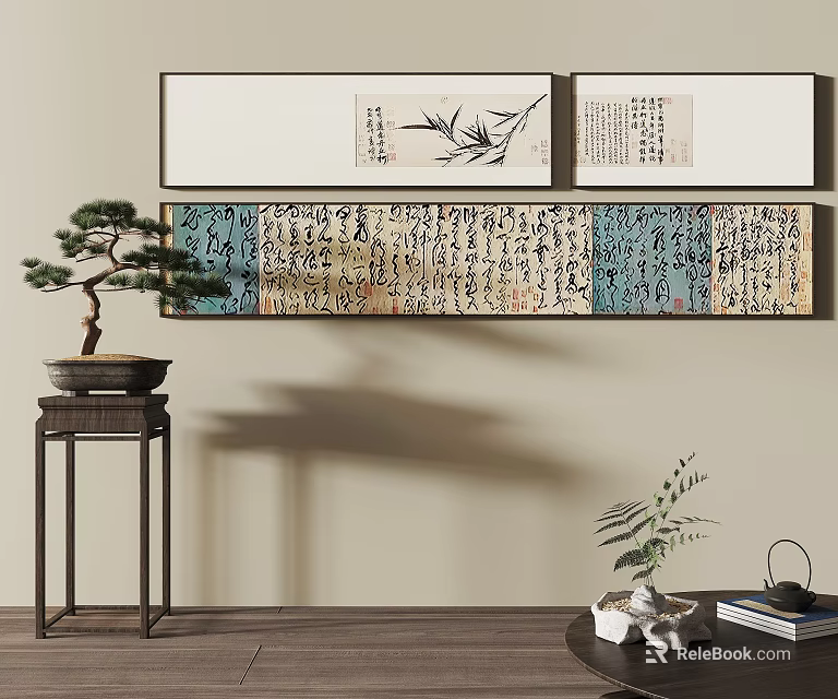 Traditional Chinese Calligraphy Artworks Hanging With Bonsai Tree And Decor Items 3d model 