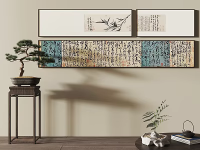 Traditional Chinese Calligraphy Artworks Hanging With Bonsai Tree And Decor Items 3d model