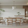 Modern Dining Room Interior With Wooden Table Chairs Hanging Light and Plant