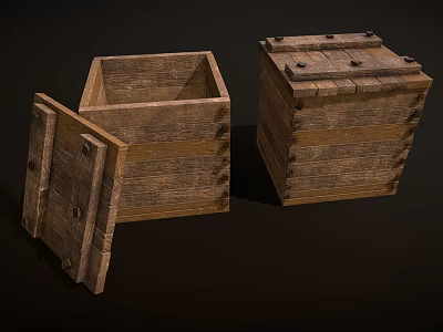 Vintage Rustic Wooden Boxes With Metal Rivets Open And Closed Design 3d model