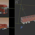 Red Cargo Utility Truck With Flatbed Rails And Multiple Wheels On Reflective Surface