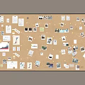 Corkboard Photo Wall Displaying Photos Notes and Papers on Neutral Background
