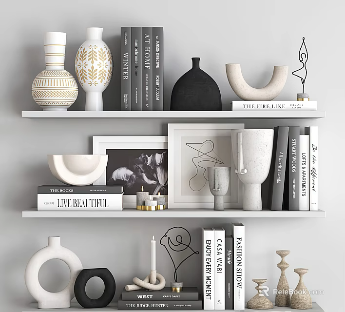 Modern Decorative Ornament Combinations With Vases Books Sculptures And Photo Frames On Shelves 3d model 