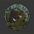 Scenic Castle Landscape With Flag Trees Grass Path Bridge And Rocky Water Base