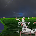 Industrial Plant Featuring Oil Pumps Green Fields And River Under Cloudy Sky