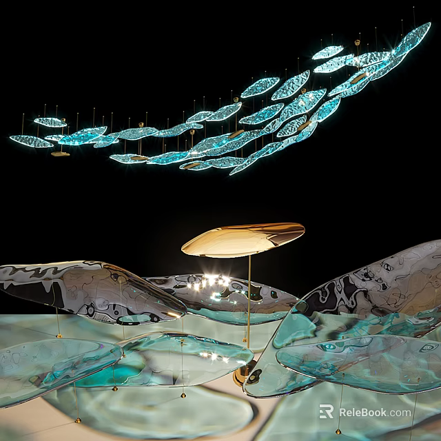 Elegant Modern Pendant Lights With Blue Glass Streamlined Shapes Hanging In Artistic Space 3d model 