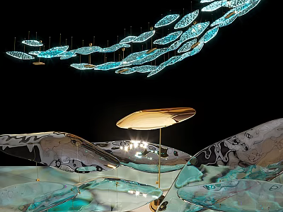 Elegant Modern Pendant Lights With Blue Glass Streamlined Shapes Hanging In Artistic Space 3d model