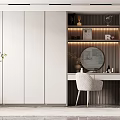 Modern White Wardrobe Design With Dressing Table Mirror Chair And Green Plant