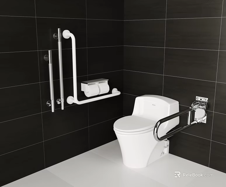White Toilet In Bathroom With Black Tile Walls And Safety Grab Bars 3d model 
