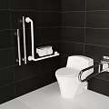 White Toilet In Bathroom With Black Tile Walls And Safety Grab Bars