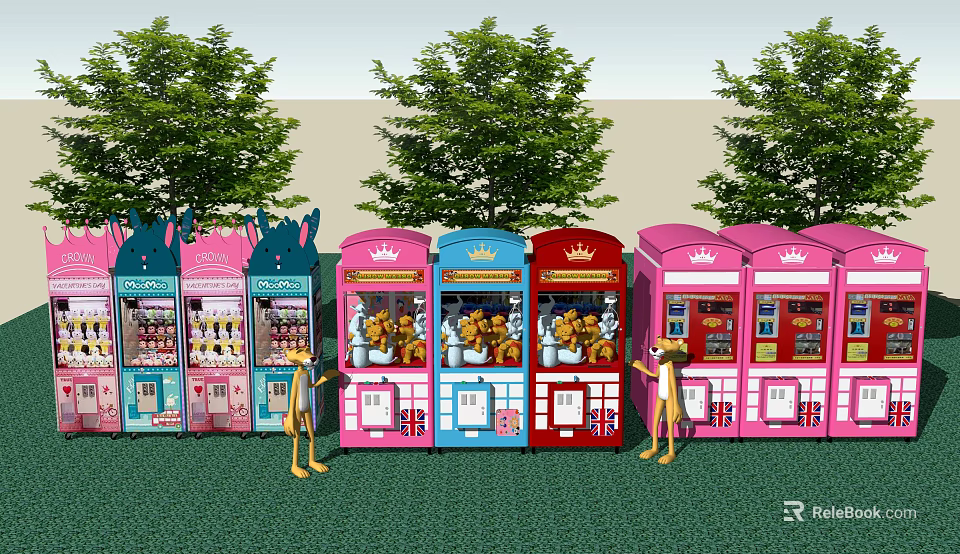 Colorful Amusement Vending Machines With Crown Tops And Cartoon Characters In Tree Lined Grass Area 3d model 