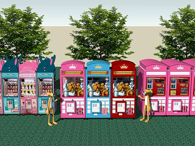 Colorful Amusement Vending Machines With Crown Tops And Cartoon Characters In Tree Lined Grass Area 3d model