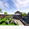 Beautiful Garden Landscape with Lawn Swing Stone Lantern Green Plants and Flower Beds