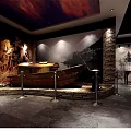 Cultural Center Interior With Stone Brick Walls Display Cabinets And Exhibits