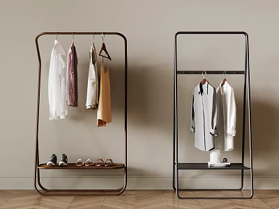 Modern Metal Clothes Rack With Hanging Shirts Dresses And Shoes On Lower Shelf 3d model