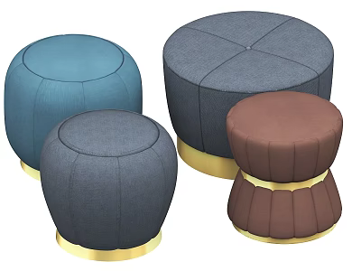 Stylish Decorative Ottomans In Blue Gray Brown With Golden Metal Bases 3d model