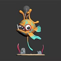 Cartoon Character With Fish Creature Lightbulb Head Orange Body Blue Fins Sharp Teeth Sand Base