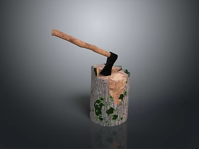Axe Embedded in Tree Stump Covered with Green Moss in Natural Scene 3d model