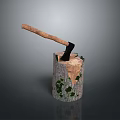 Axe Embedded in Tree Stump Covered with Green Moss in Natural Scene