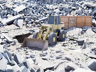 Aerial View Planning of Construction Site With Yellow Bulldozer Rubble and Metal Container 3d model