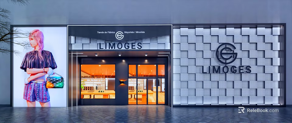 Modern LIMOGES Storefront With Glass Doors And Geometric Texture Wall Design 3d model 