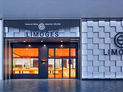 Modern LIMOGES Storefront With Glass Doors And Geometric Texture Wall Design 3d model