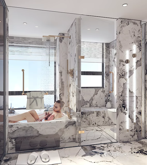 Luxurious Modern Bathroom Interior Design With Marble Walls Freestanding Bathtub And Gold Fixtures 3d model 