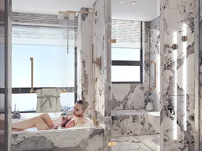 Luxurious Modern Bathroom Interior Design With Marble Walls Freestanding Bathtub And Gold Fixtures 3d model