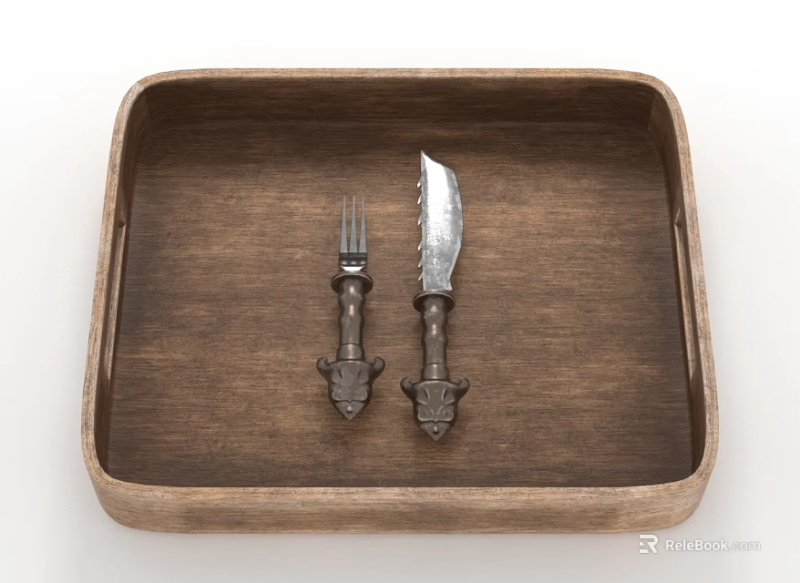 Vintage Cutlery Set on Wooden Tray with Decorative Handles Fork and Knife 3d model 