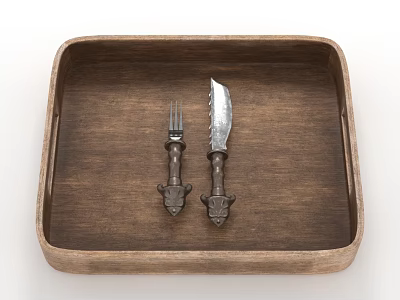 Vintage Cutlery Set on Wooden Tray with Decorative Handles Fork and Knife 3d model