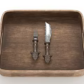 Vintage Cutlery Set on Wooden Tray with Decorative Handles Fork and Knife