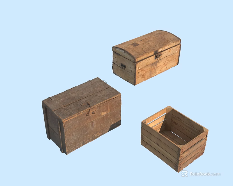 Vintage Set of Three Wooden Boxes with Lids and Open Design Styles 3d model 