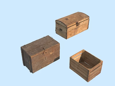 Vintage Set of Three Wooden Boxes with Lids and Open Design Styles 3d model