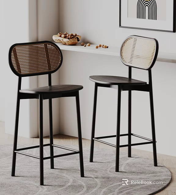 Stylish Bar Stools Design With Woven Backrest Black Frame And White Countertop 3d model 