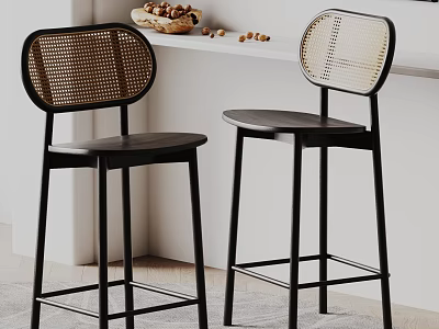 Stylish Bar Stools Design With Woven Backrest Black Frame And White Countertop 3d model