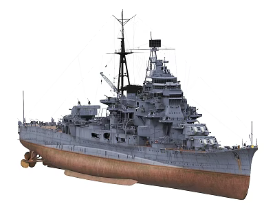 Military Warship Featuring Gray Upper Deck Brown Hull And Multiple Turrets 3d model