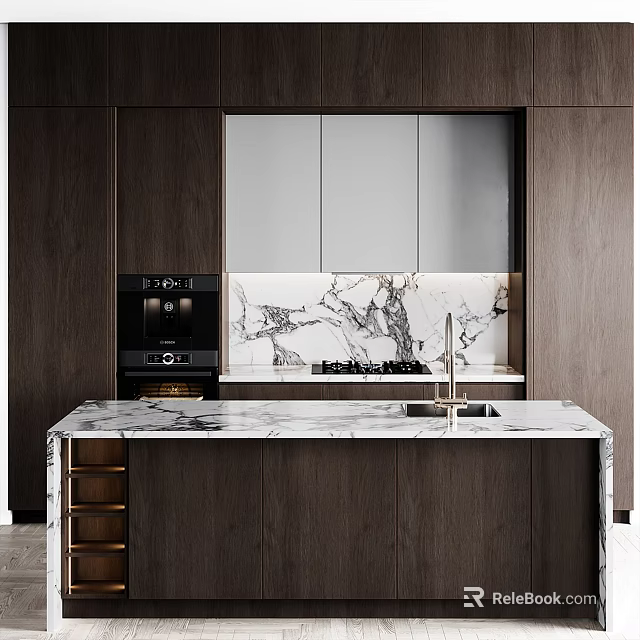 Modern Kitchen Interior With Dark Wood Cabinets And Marble Countertop 3d model 