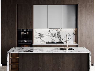 Modern Kitchen Interior With Dark Wood Cabinets And Marble Countertop 3d model