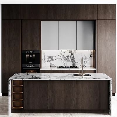 Modern Kitchen Interior With Dark Wood Cabinets And Marble Countertop 3d model