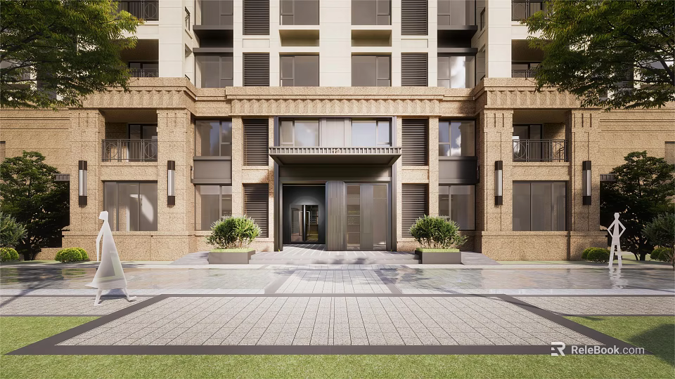 Modern Building Entrance Facade Design With Porch Plants And Stone Walls 3d model 