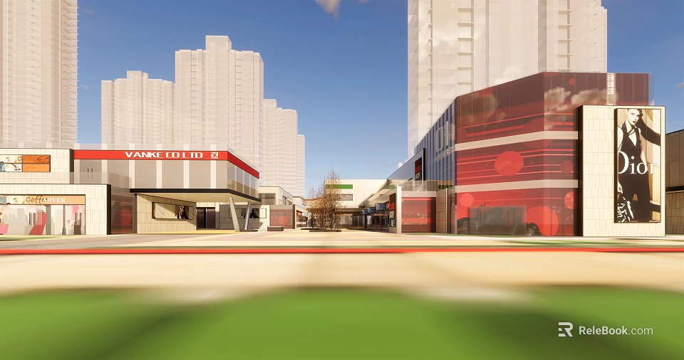 Modern Commercial Street With Tall Buildings Shops And Pedestrian Area 3d model 