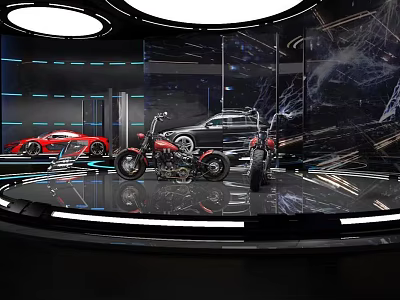 Modern Auto Showroom Display With Red Black Cars And Motorcycle On Circular Platform 3d model