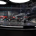 Modern Auto Showroom Display With Red Black Cars And Motorcycle On Circular Platform