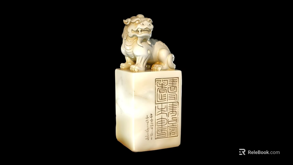 Detailed Traditional Stone Lion Statue On Square Base With Chinese Inscriptions 3d model 