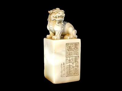 Detailed Traditional Stone Lion Statue On Square Base With Chinese Inscriptions 3d model