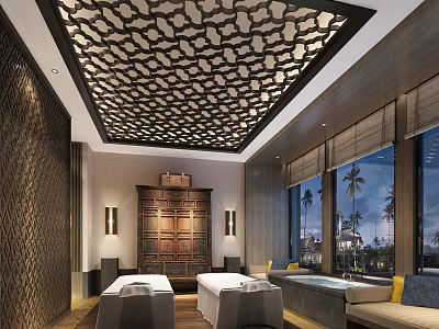 Luxury SPA Sauna Interior Design With Patterned Ceiling Massage Beds And Palm Trees 3d model